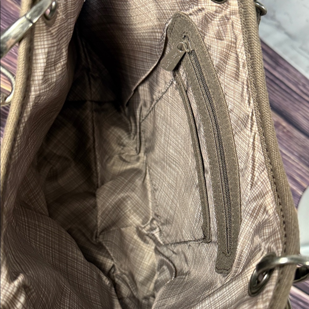 Thirty-One Canvas Crew Mini Tote in Taupe Straw Stripe Pattern Brown Canvas Trim - Picture 3 of 9